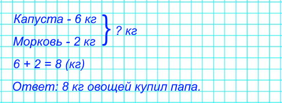 Папа купил 6 кг капусты и 2 кг моркови. Сколько всего килограммов овощей купил папа?